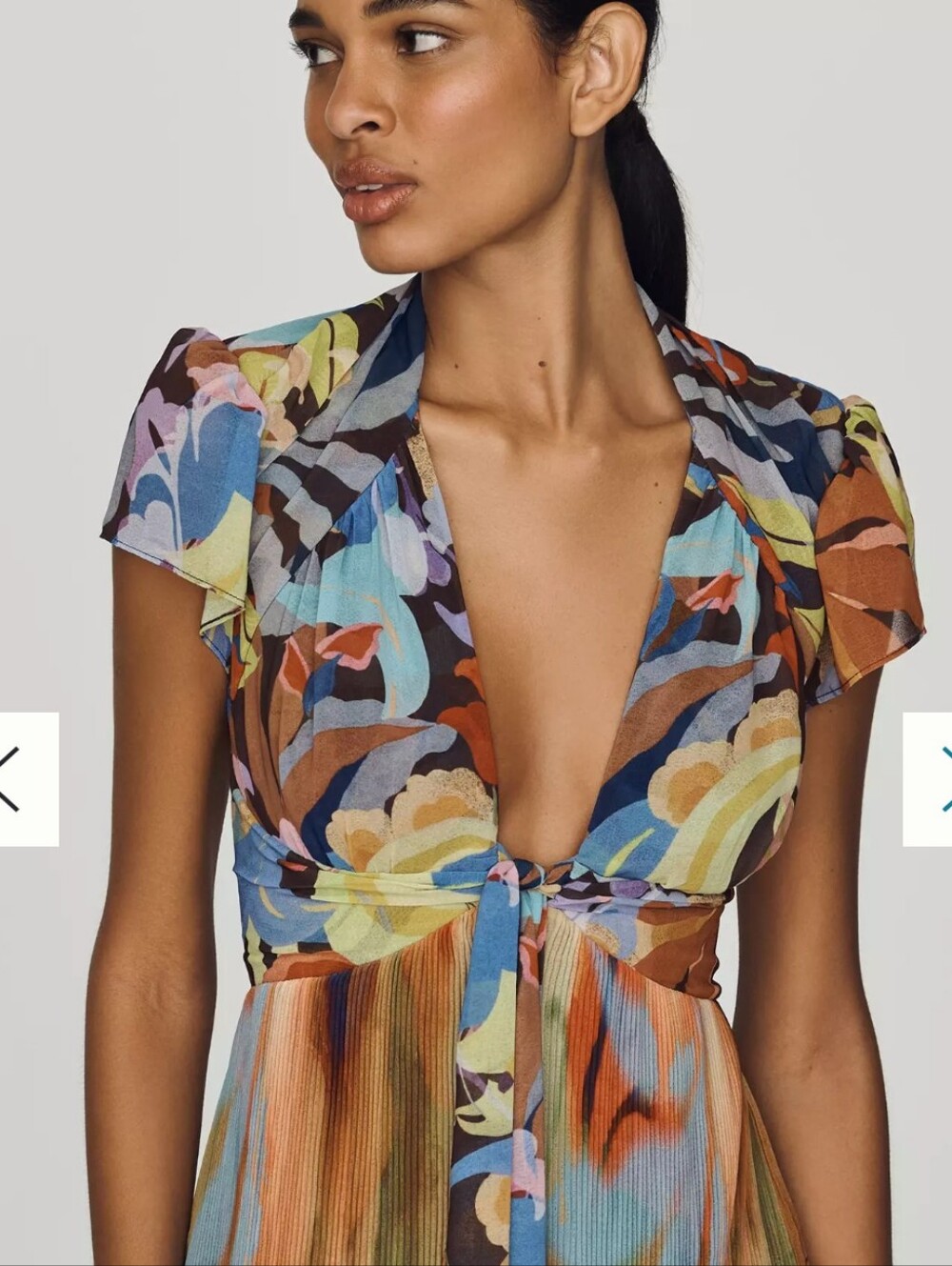 NEW Anthropologie Open Back Mixed Print Pleated Plunge V Neck Maxi Chiffon Dress - Picture 3 of 16